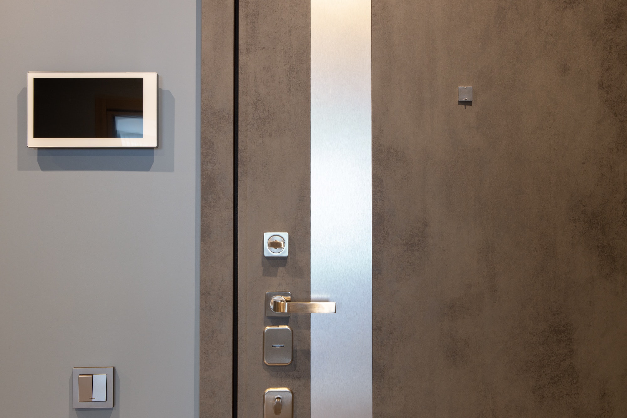 Shabby design entrance door in a modern apartment hallway, video intercom device on the wall. Neutra